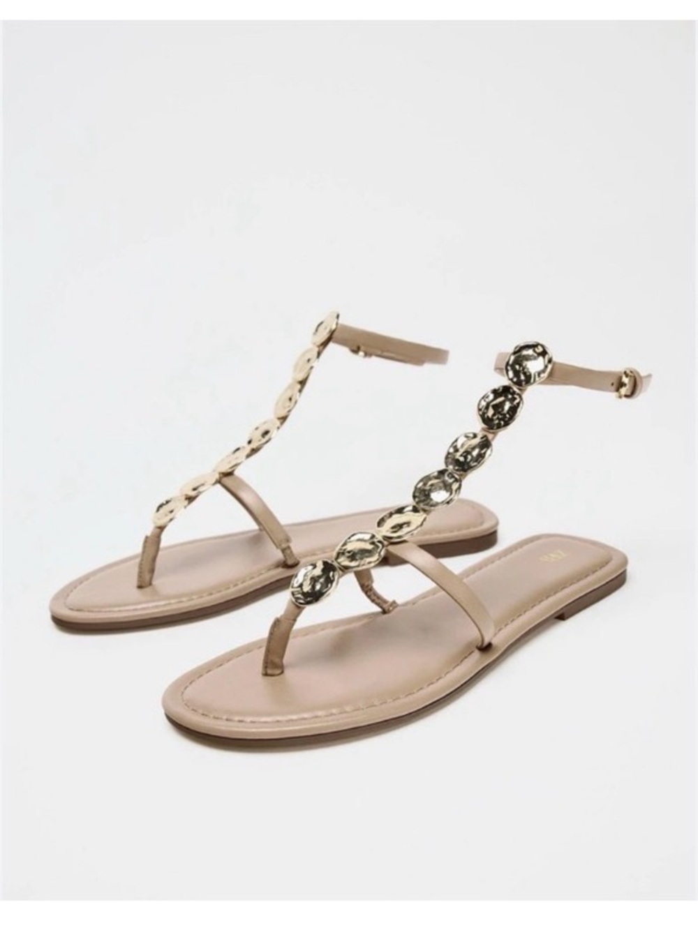Zara Beige T-Strap Sandals with Gold Gem Discs